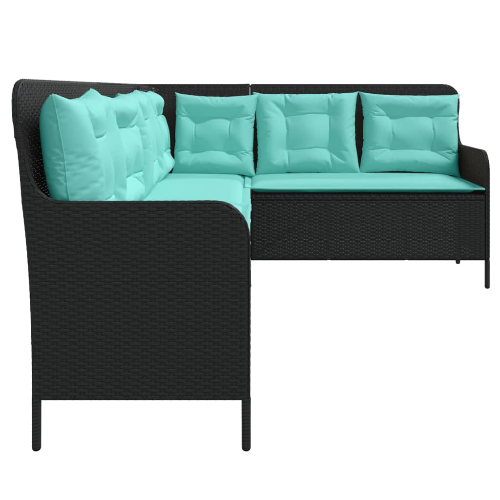 L Shaped Garden Sofa with Cushions Black Poly Rattan