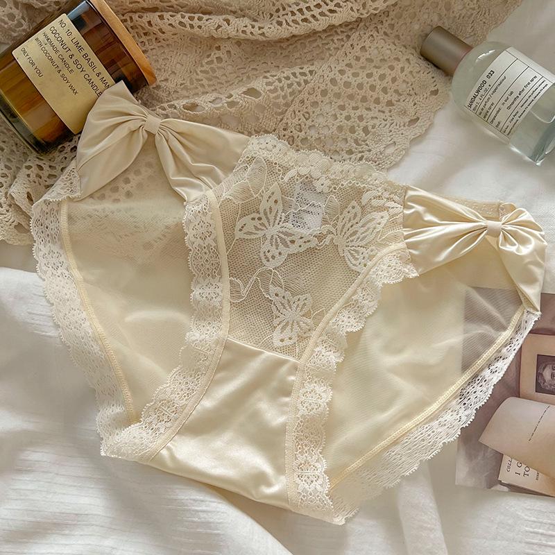 

Женские трусики со средней посадкой и французской кружевной отделкой - Удобный дизайн с бантиком, Прозрачный треугольный стиль L (55-70 kg)