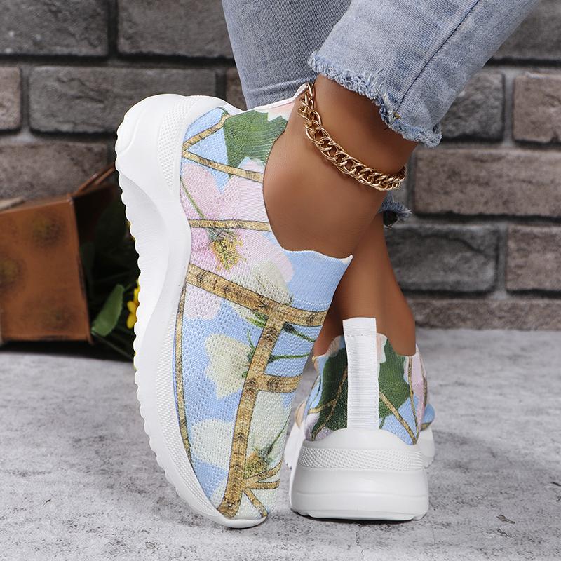 Lucyever Womens Lightweight Printed Platform Sneakers 2024 New Slip-On Knitted Flats Women Comfortable Outdoor Sport Shoes 43