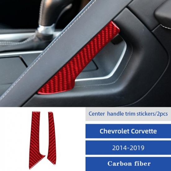 2pcs Red Carbon Fiber Car Central Handle Cover Sticker For Corvette C7 2014-