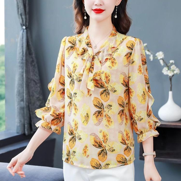 Spring Summer New Bow Tie Chiffon Shirt Women's Three Quarter Sleeve Top Elegant Fashion Floral Printing Chiffon Blouse Femme