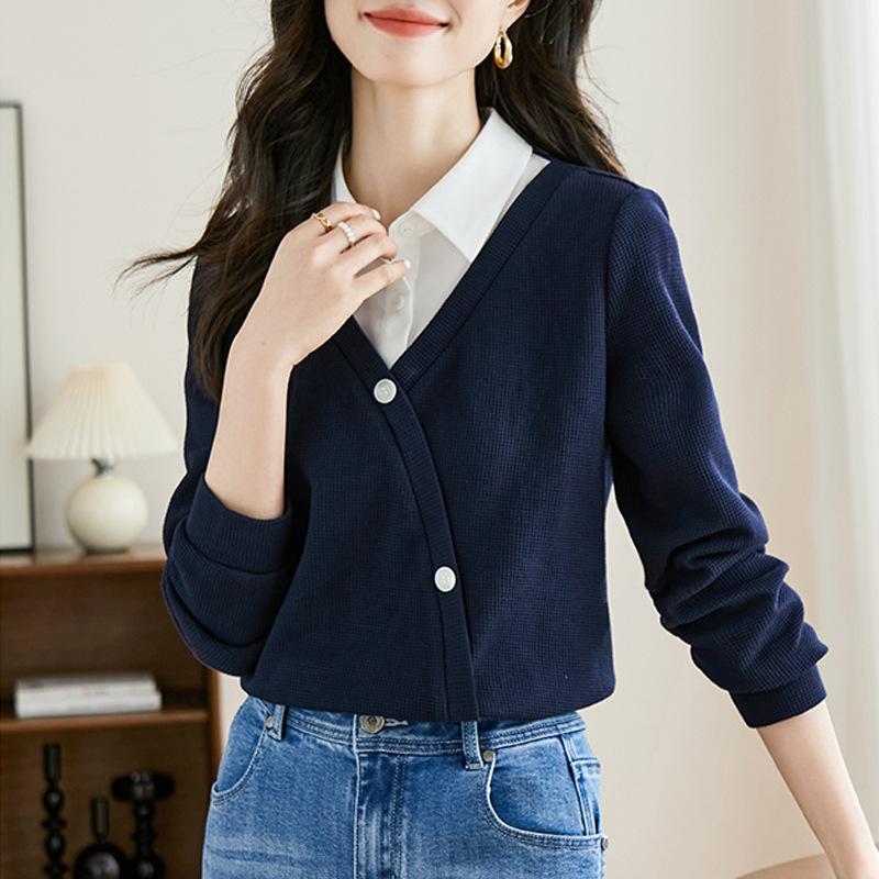 Новый осенний стиль, наборная рубашка, лацкан, вафельная толстовка, имитация двухкомпонентного топа M