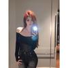 2025 New Black One-Shoulder Halter Top: Long Sleeve, Autumn Women's Sweet & Spicy High-End Collarbone T-shirt