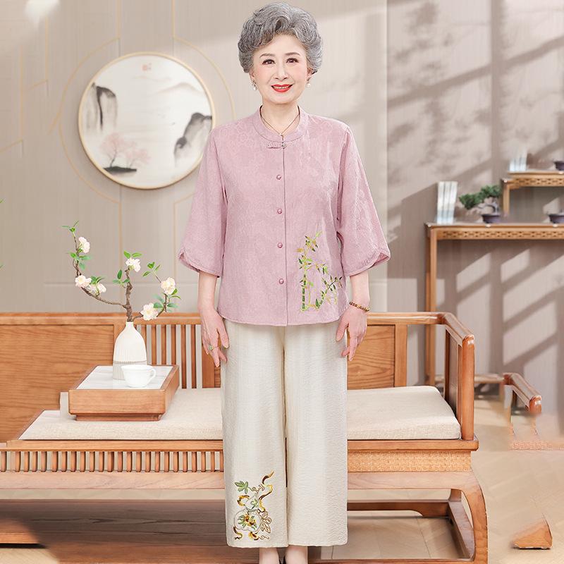 Women's Summer Cotton-Linen Set: 3/4 Sleeve Top & Two-Piece Outfit for Middle-Aged & Elderly