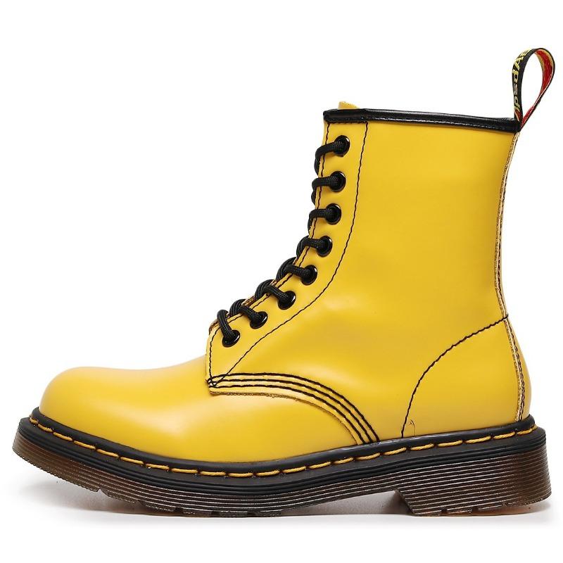 Botas de trabajo de caña alta clásicas de cuero duro con borde abierto y cuentas, botas cortas para hombre y mujer, botas de cuero brillante, zapatos de locomotora de punta redonda