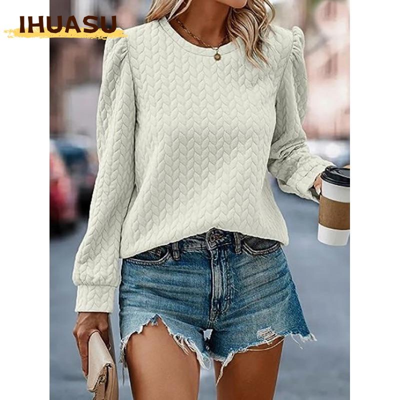 IHUASU Women's Fashion Casual Solid Color Print Long Sleeve O-Neck Blouses & Shirts