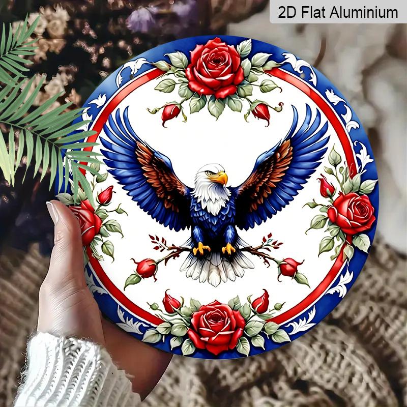 2D Flat, 1pc Blue, Red and White Eagle Garland Sign, Round Metal Aluminum Garland Sign, Patriotic Sign, 4th of July & Memrial Day Decorative