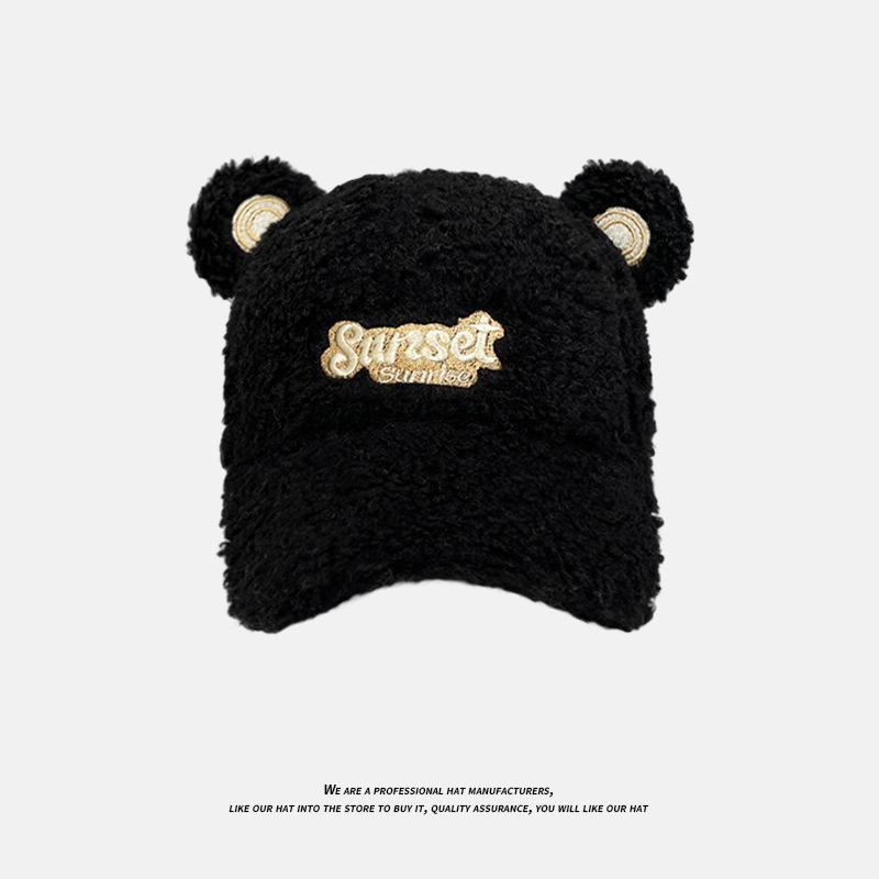 Korean Version Ins Cute Bear Ears Hat Women's Lamb Velvet Letter Embroidered Baseball Cap Winter Warm Peaked Cap