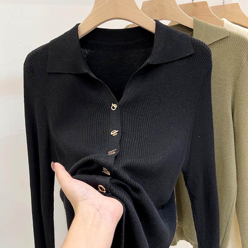 Women Designer Turn Down Collar Long Sleeve Knit Cardigan Spring Solid Color Base Layer Sweater