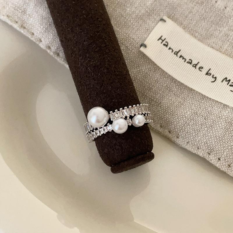 Zircon Pearl Metal Open Ring Women'S Niche Design Sense Personality Light Luxury Versatile Temperament Fashion Ring Ring