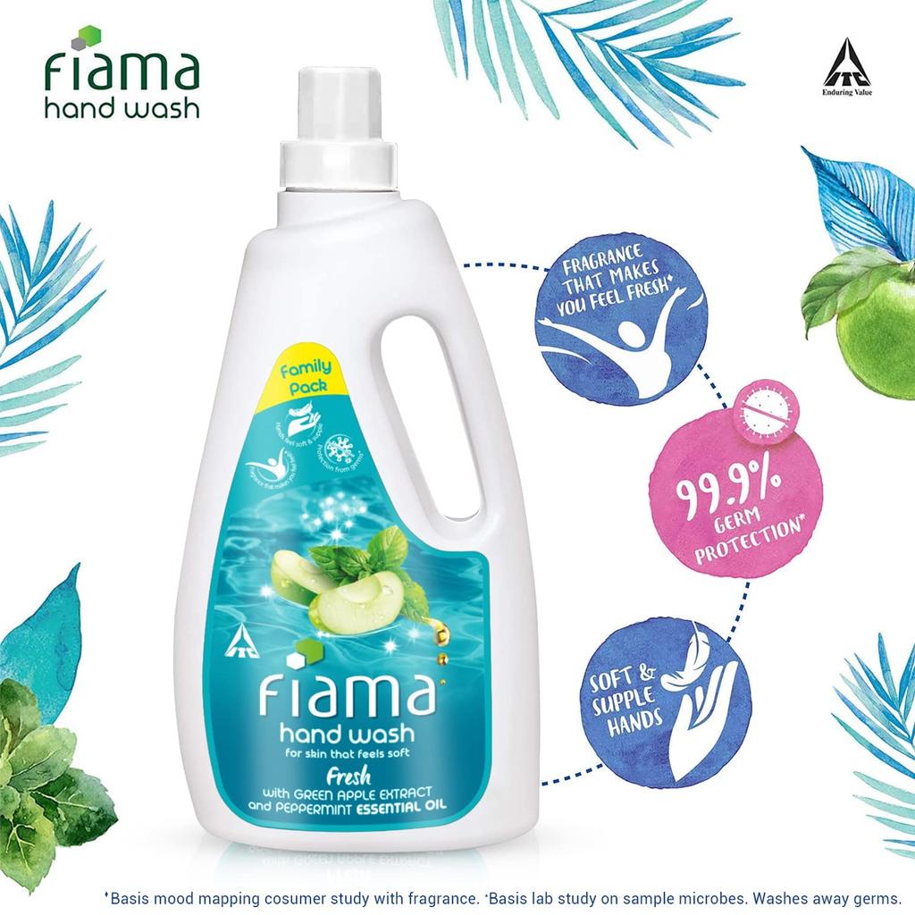 Fiama Fresh Hand Wash 1000 Ml Family Pack Soft Supple Hands Green Apple Peppermint Fragrant Handwash