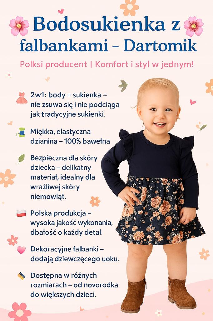 Bodosukienka Body Sukienka Rozm 62 Długi Rękaw Z Falbankami Róża Puder