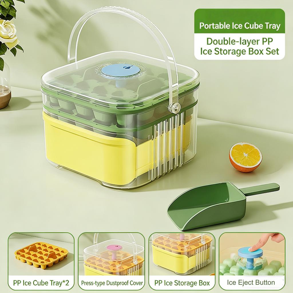 Compact Double Layer Ice Cube Tray with Lid and Bin, One-Click Demolding, Pull-Out Ice Drawer with Portable Handle with Shovel