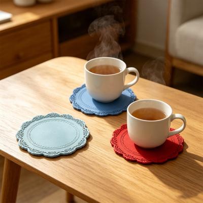 4 Inch Silicone Placemat for Dining Table, Vintage Embossed Decorative Round Table Mat, Heat Resistant Waterproof Kitchen Dish Mat
