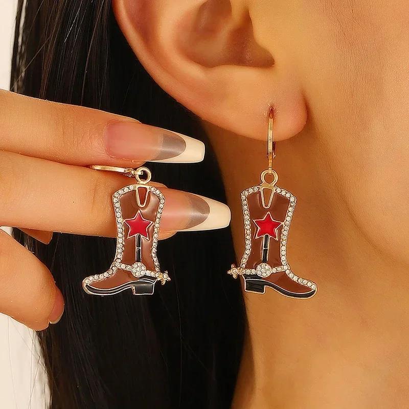 Western Cowboy Red Star Cow Pattern Boots Enamel Stud Earrings for Women Party Fashion Jewelry Minimalist Accessories Wholesale