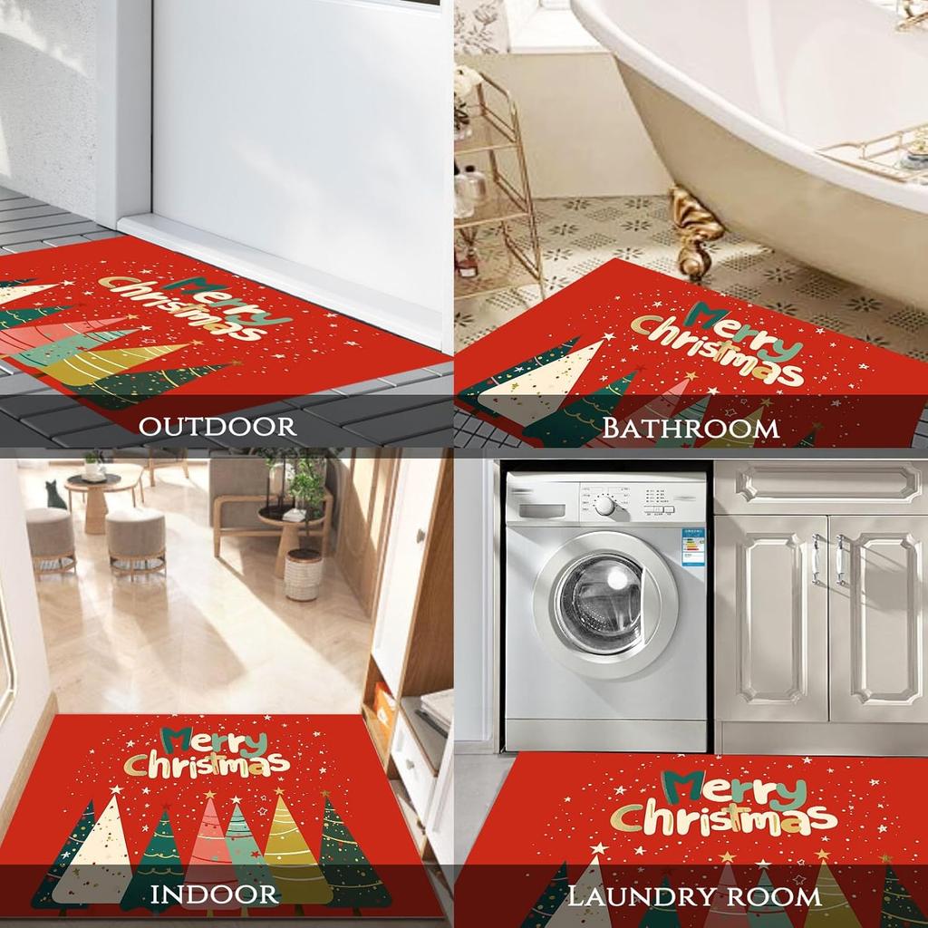 Red Christmas Welcome Doormat, Christmas Tree Pattern with Colorful Lights Home Decor Low-Profile Switch Rug Door Mat Floor Mat