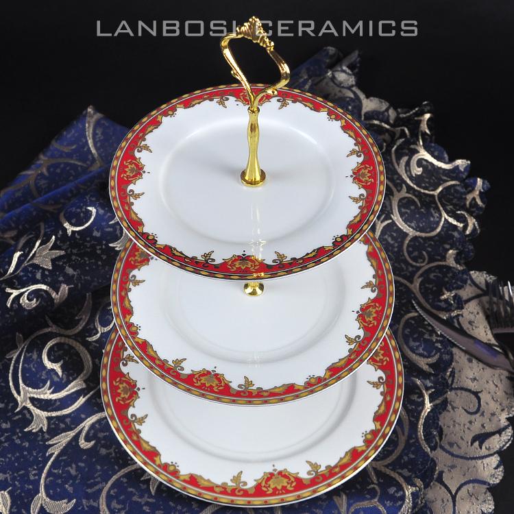 European Style Ceramic Double Layered Tray Fruit And Candy Plate Afternoon Tea Cake Stand Three Tier Dessert Holder Serving Tray