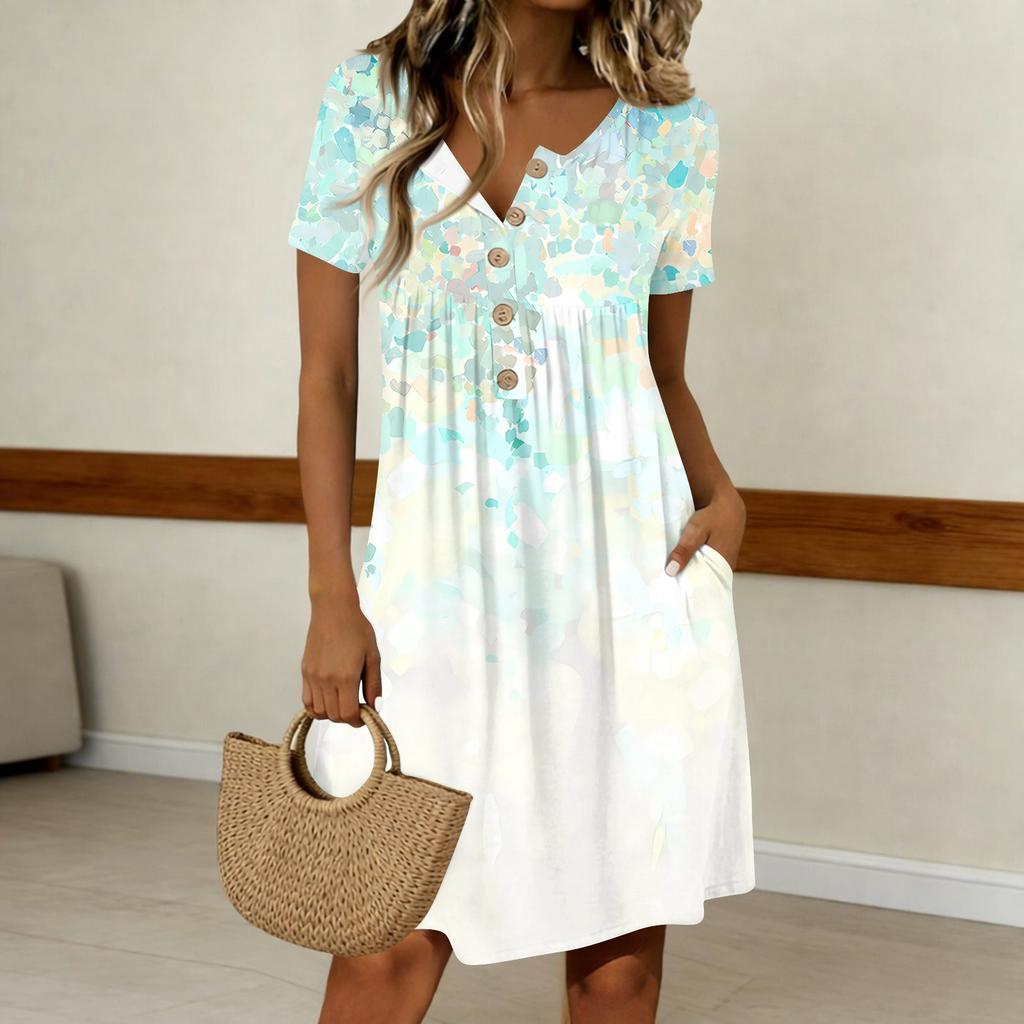Damen Mode Retro Print Rundhals Kurzarm Knopfleiste Lässiges Kleid