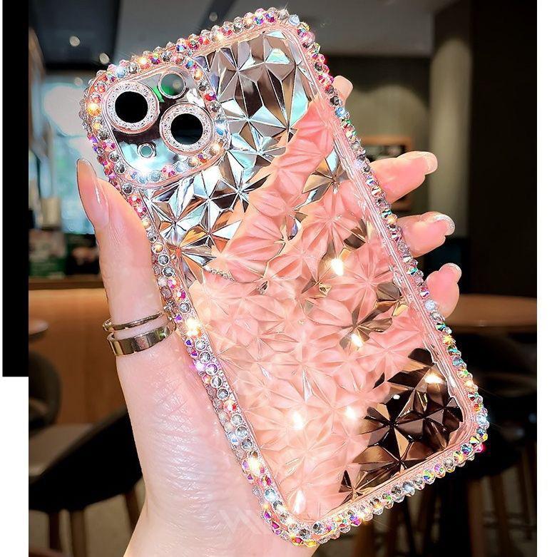 

Diamond Pattern Side Drill Apple iPhone 17 Pro Max/16/13 Transparent Silicone Full Coverage Case iPhone 15 Plus розовый