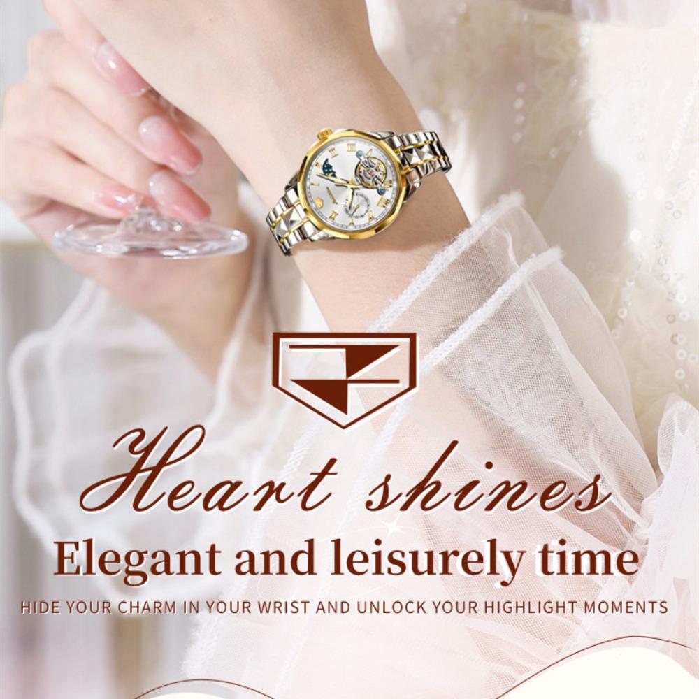 JINSHIDUN Neue Business- und Freizeit-Damenuhr Tourbillon Wasserdicht Leuchtende multifunktionale mechanische Uhr Damenuhr