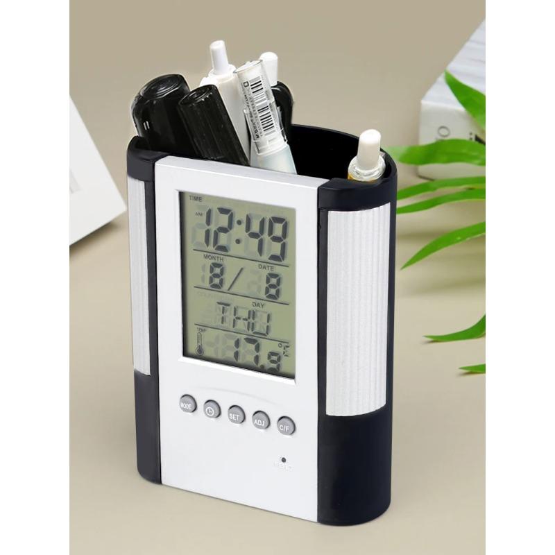 Portapenne con calendario perpetuo, base antiscivolo, visualizzazione data e ora, rilevamento temperatura, portapenne con orologio decorativo da tavolo
