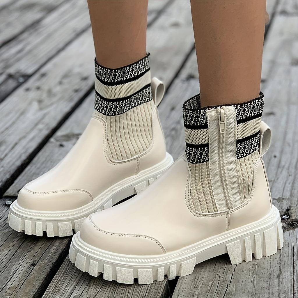 Dámské robustní kozačky, módní pletené kotníkové boty s prošíváním, dámské pohodlné kozačky