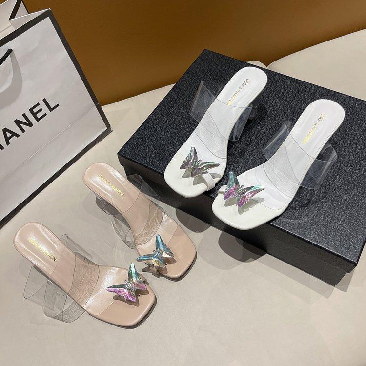 

Transparent high heels women s summer 2025 new bow toe crystal heel square head thick heel outer wear cool slippers 34 абрикосовый
