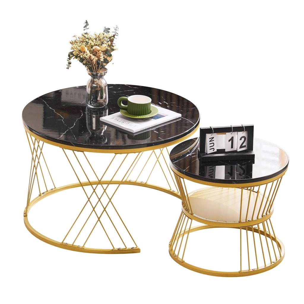 Couchtisch 2er Set, Hochglanz Wohnzimmertisch, Coffee Table mit Stauraum, für Wohnzimmer, Balkon, Metallgestell, Gold und Schwarz