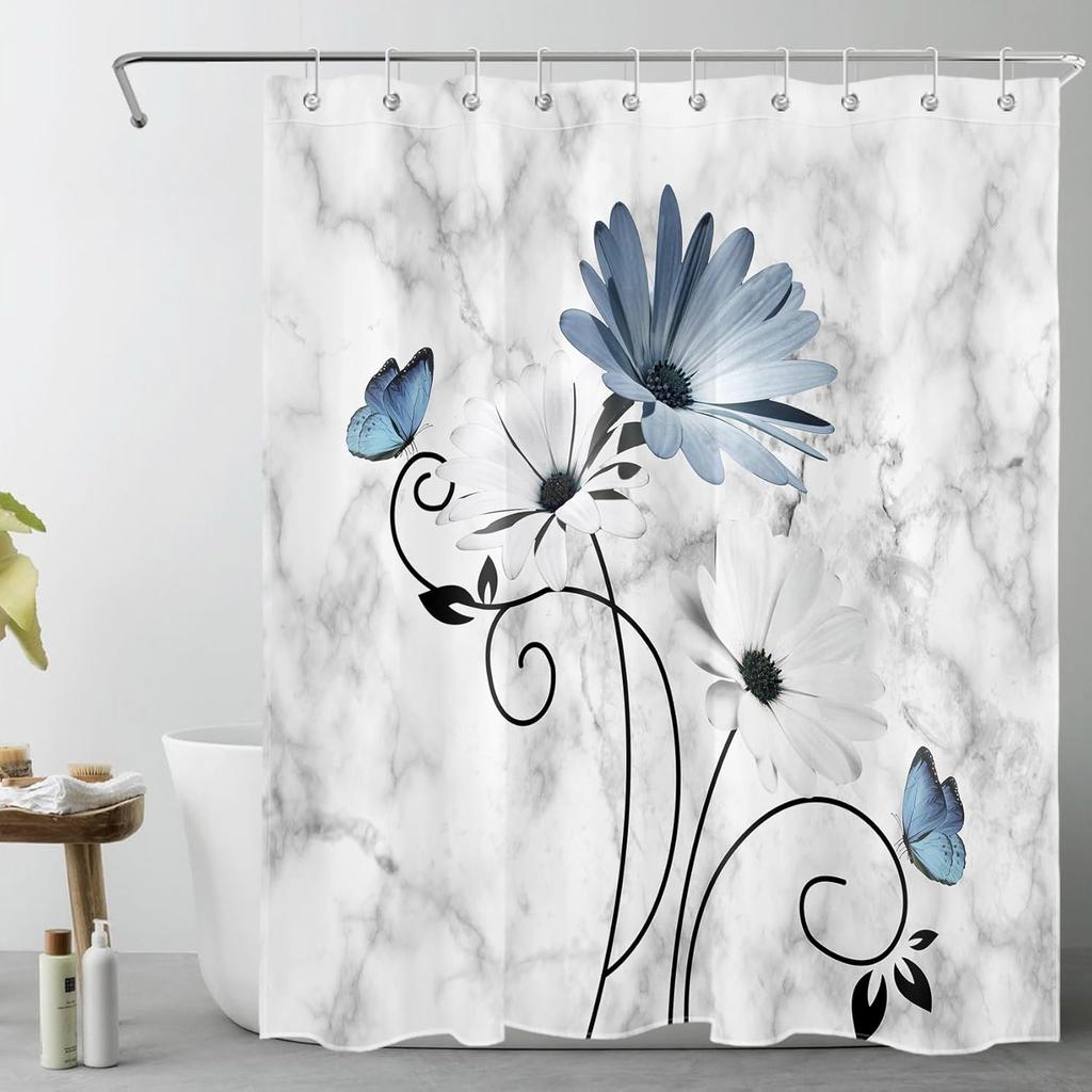 Pink Flowers Vintage Daisy Floral Butterfly Shower Curtains Abstract Farmhouse Decorative Bath Curtain Washable Bathroom Decor