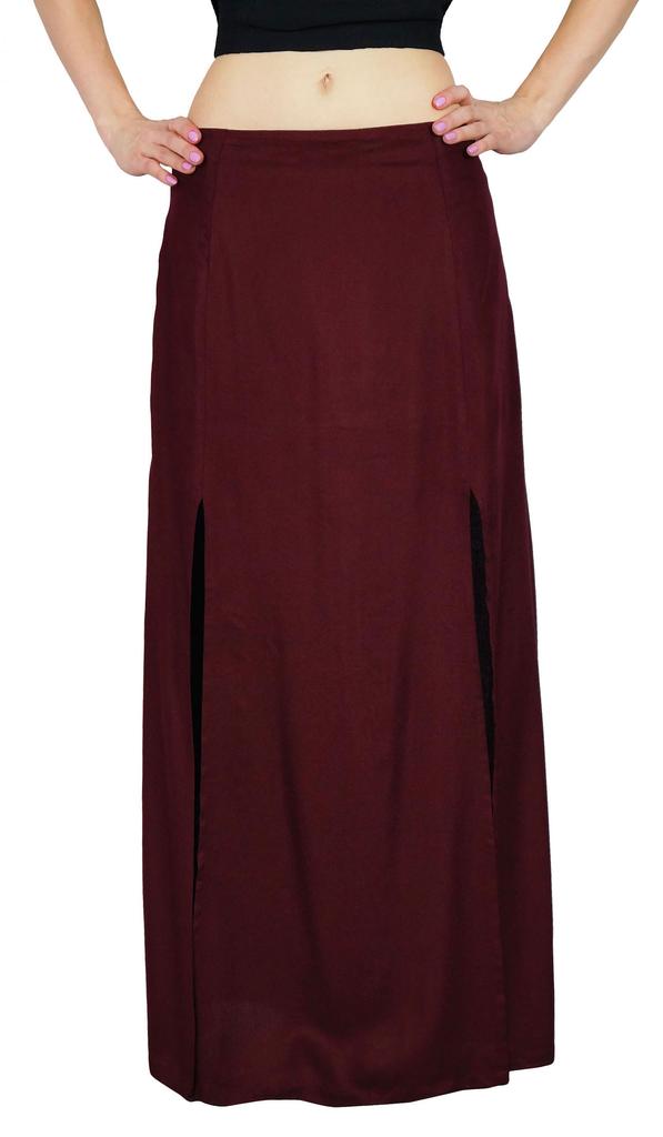 Bimba Women Long Rayon Maxi Skirt With Front Slits - Maroon