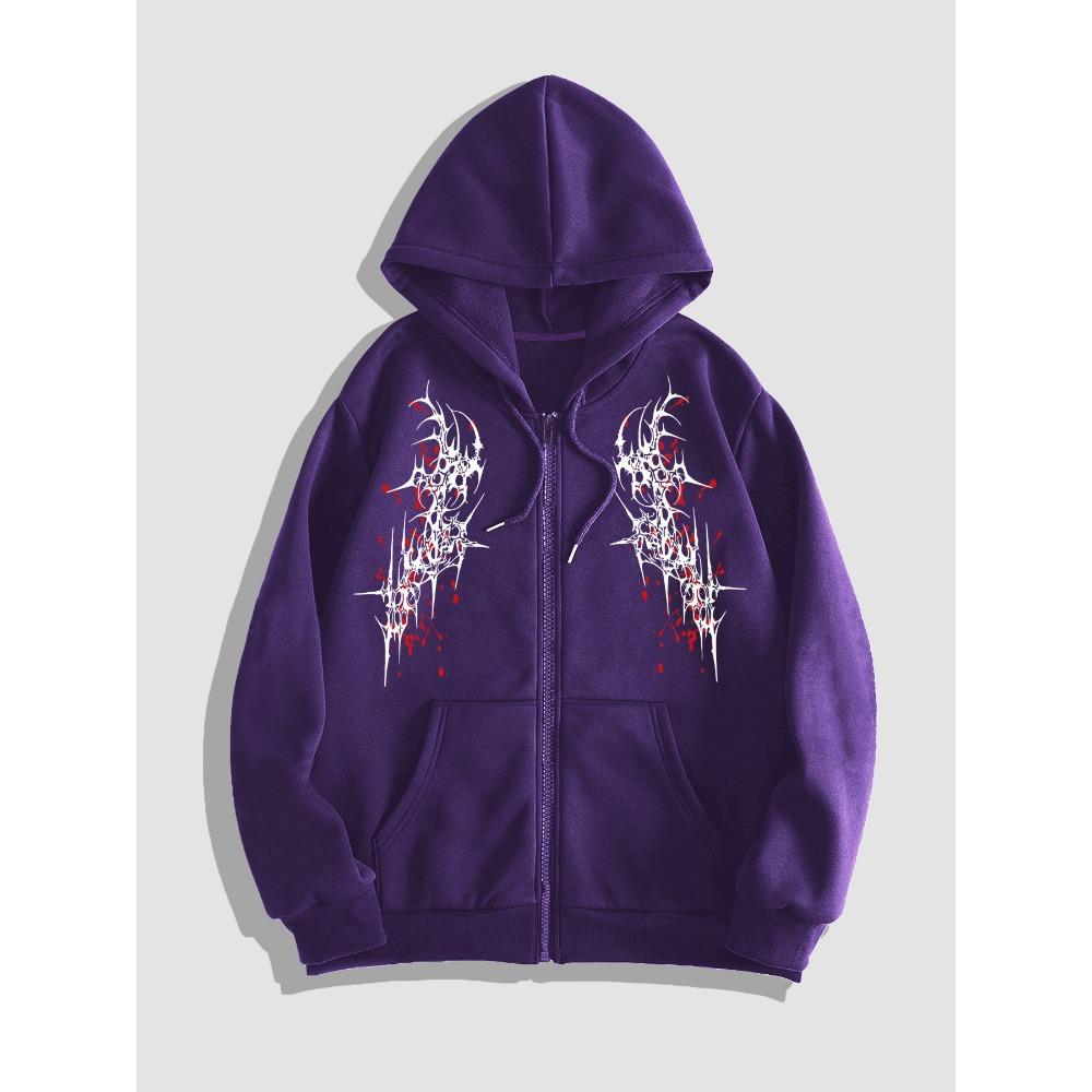 Men's Avant-garde Black Hooded Jacket with Complex Dark Graffiti and Thorn Print - Casual Zipper Cardigan for Autumn and Winter