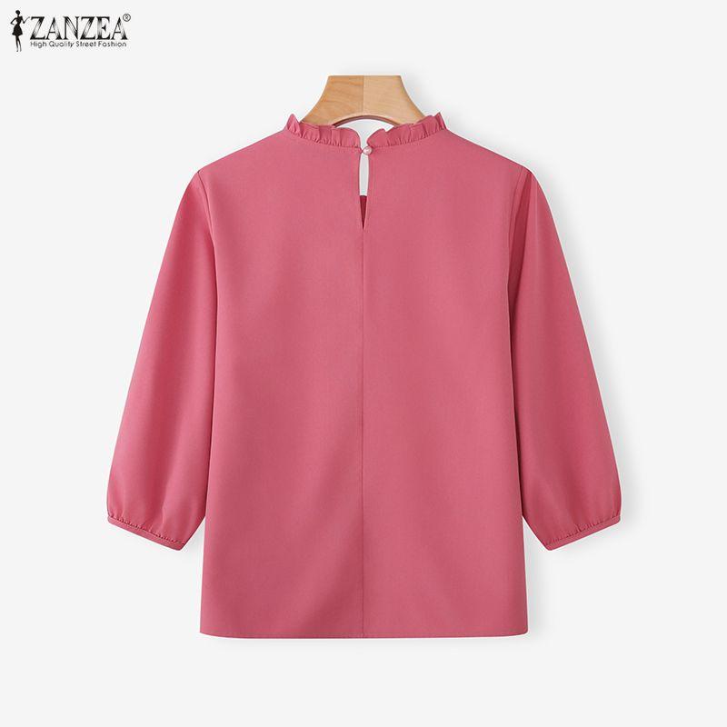 ZANZEA Women Casual Round Neck 3/4 Sleeve Loose Splice Lace Blouse