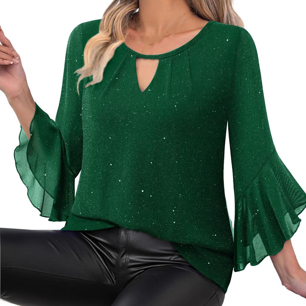Women's Elegant Ruffled Shiny Stamped Seven-Sleeve Double Layer Mesh Top
