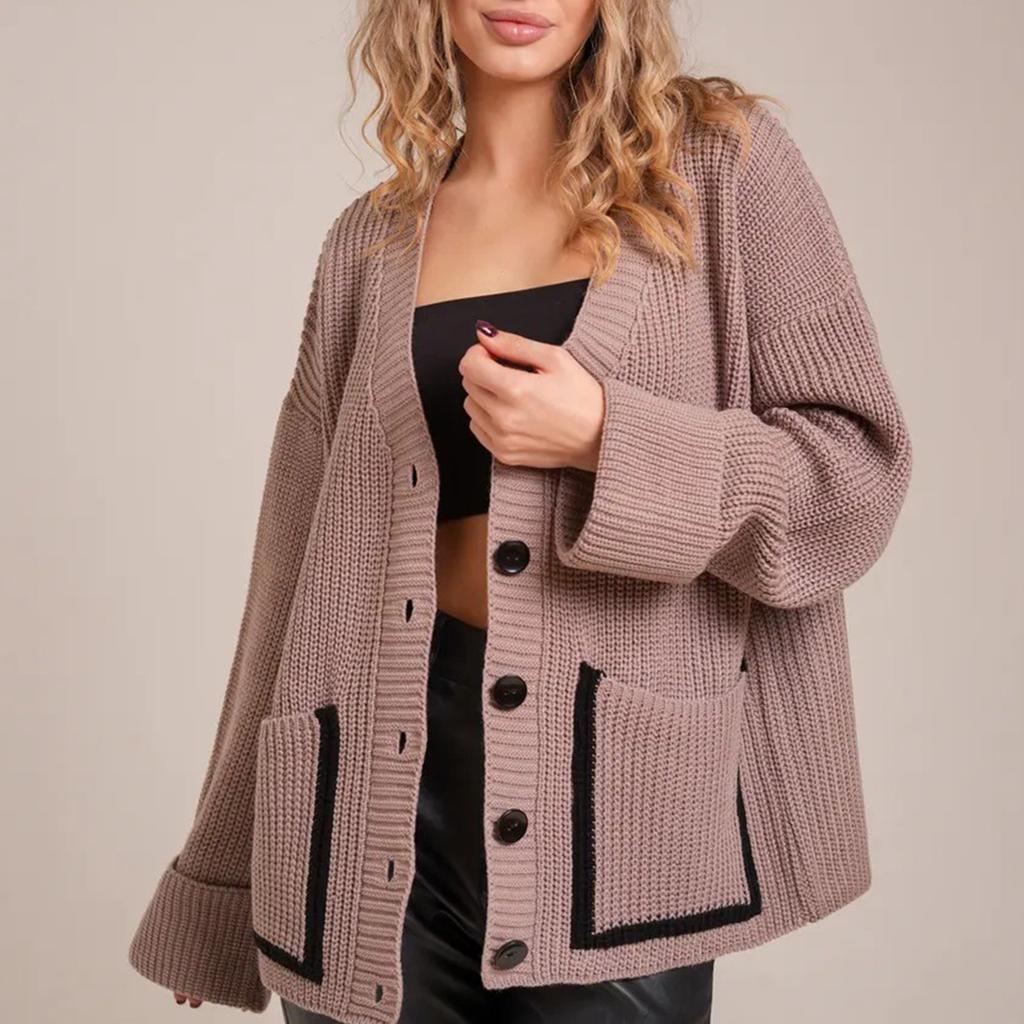Women's Fashion Casual Fashion Contrasting Color Knitted Cardigan V-neck Long Sleeved Jacket