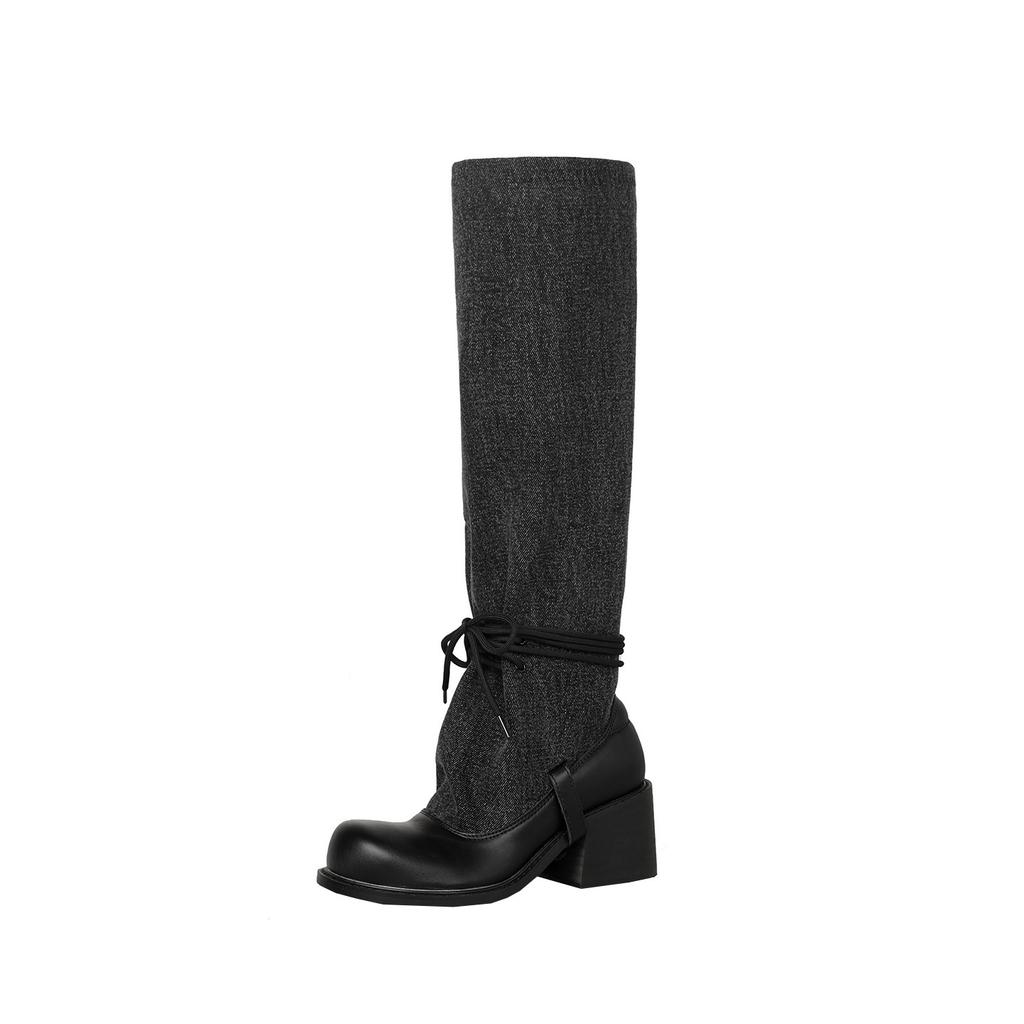 Thick heel strap slim big tube circumference black boots women's 2025 new fashion spice girl long tube knight boots