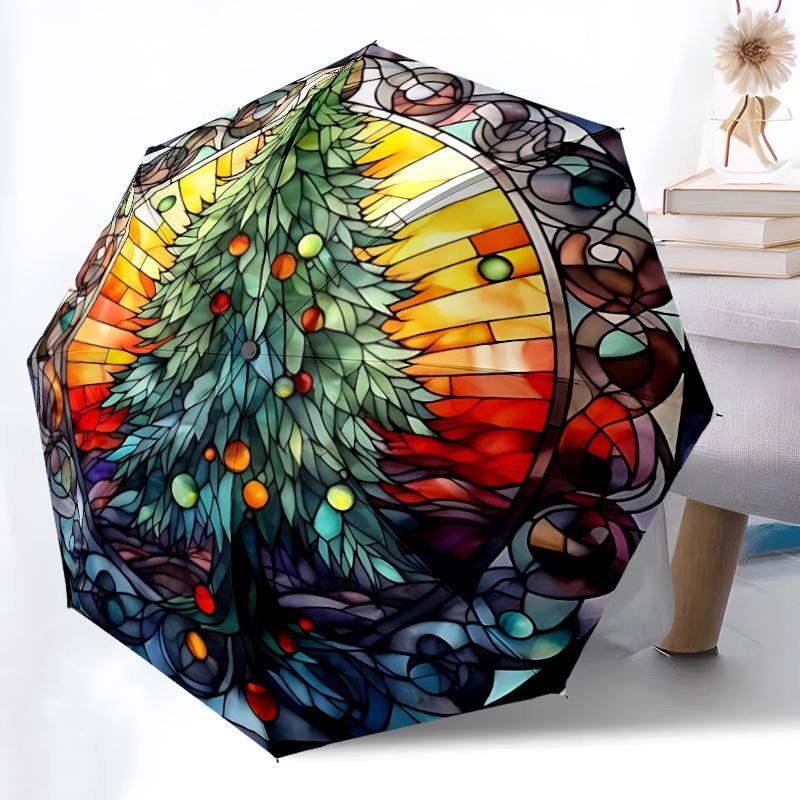1pc Christmas Tree Stained Glass Automatic Open/Close Umbrella, Portable Folding Umbrella, Compact Travel Umbrella for076