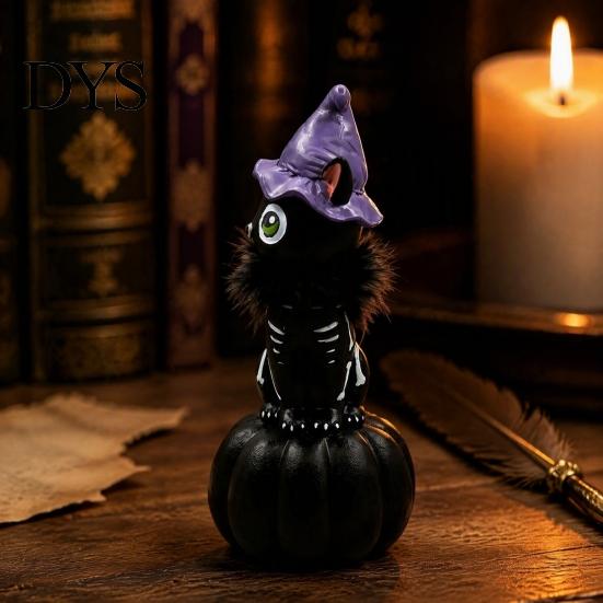 Festive Holiday Showcase Decor Halloween Pumpkin Witch Hat Black Cat Ornament, Resin Desktop Skeleton Charming Desk Ornament Statue, Creative Cartoon
