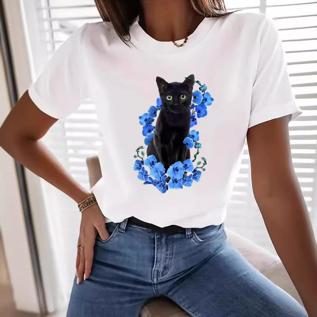 

European & American Style Cat Print Round Neck Short Sleeve Women s Top S