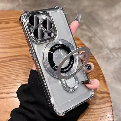 Funda transparente con soporte de anillo magnético chapado para iPhone 16, 15, 14 Plus, 13, 12 y 11 Pro Max, con soporte Magsafe y cubierta a prueba de golpes