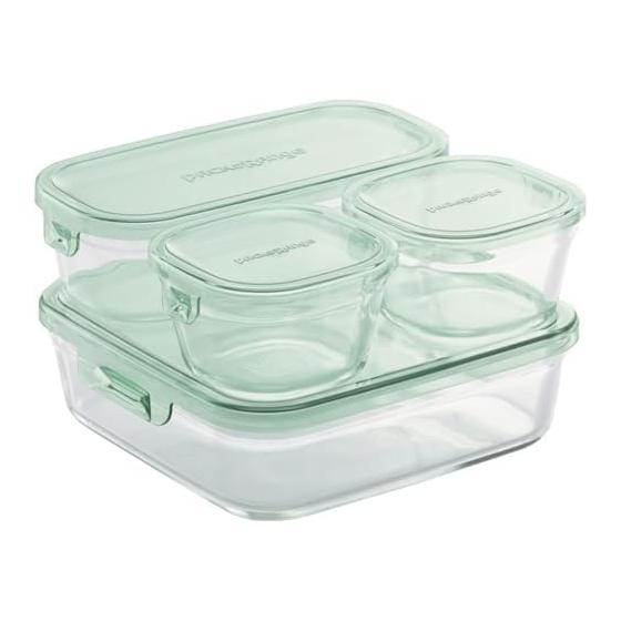 iwaki Heat Resistant Glass Storage Container Green Set of 4 Pack & Microwave PS-PRN-4G2