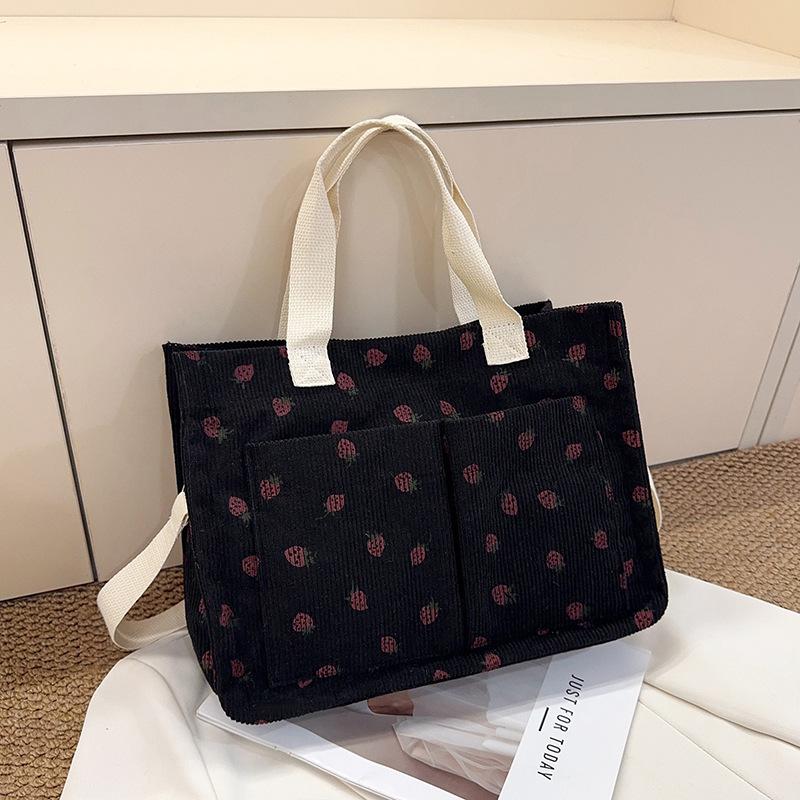 Sweet Strawberry Print Corduroy Shoulder Bags for Women Large Capacity Ladies Multi-Pocket Crossbody Bag Bow Handbags Tote