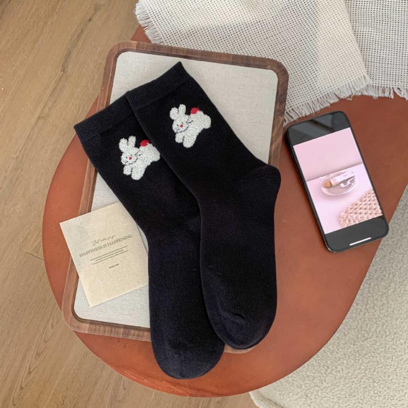 Ladies Autumn New Simple Assorted Cute Bunny College Style Breathable Sweat-absorbing Tube Cotton Socks