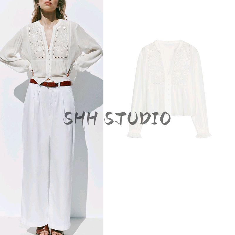 Spring New Women's Clothing Preppy Style Laminated Decoration Round Neck Long Sleeves Cut Out Embroider Short Shirt 8741022