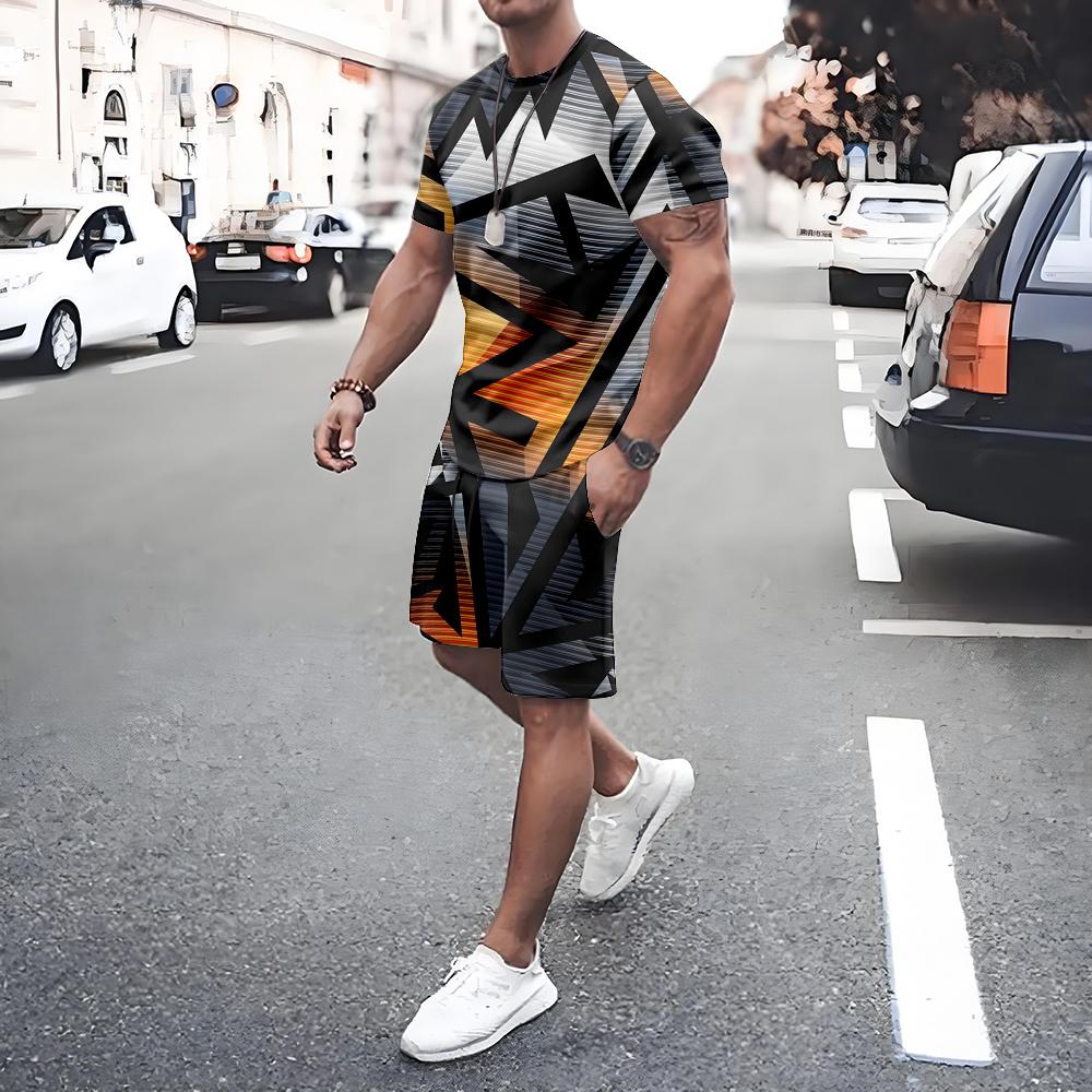 Irregular Geometric Print Short Sleeve And Shorts Set Fashion Men's T-shirt Shorts 2-piece Set Quick-dry Breathable Mesh T Shirt
