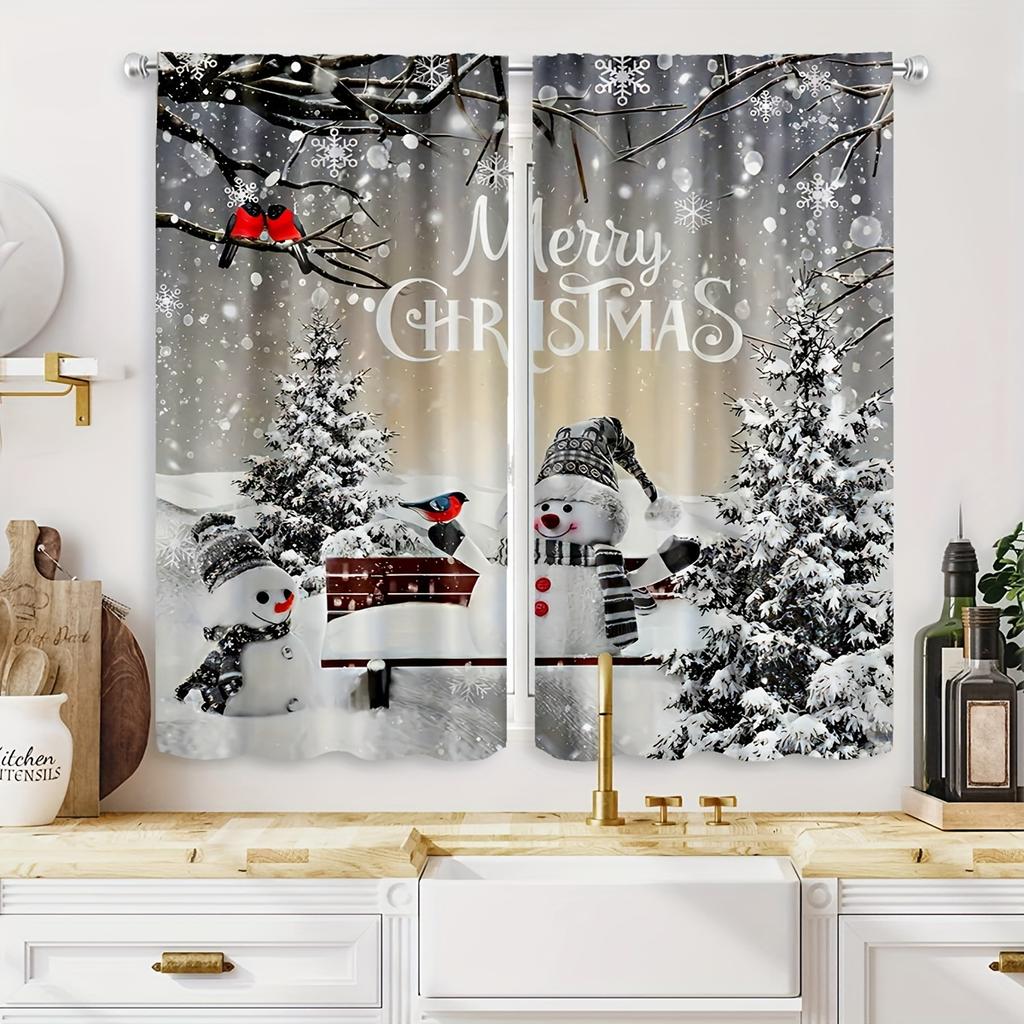 Christmas Snowman Curtains Trees Birds Polyester Fabric Perfect Living Room Decoration Curtain Machine Washable For Great