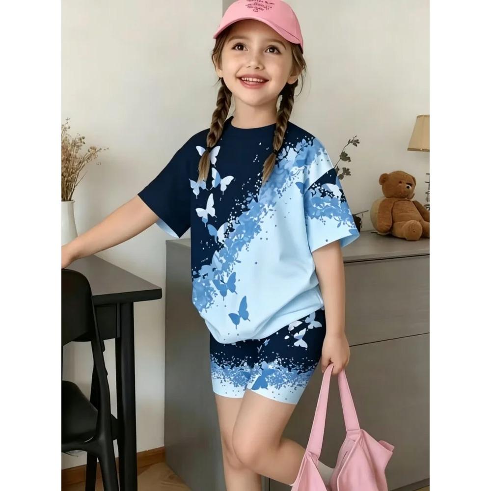 Aesthetic 3D Butterfly 2Pcs Summer Kids Outfit Comfy Short Sleeve Shorts Casual Daily Set For Boys Girls