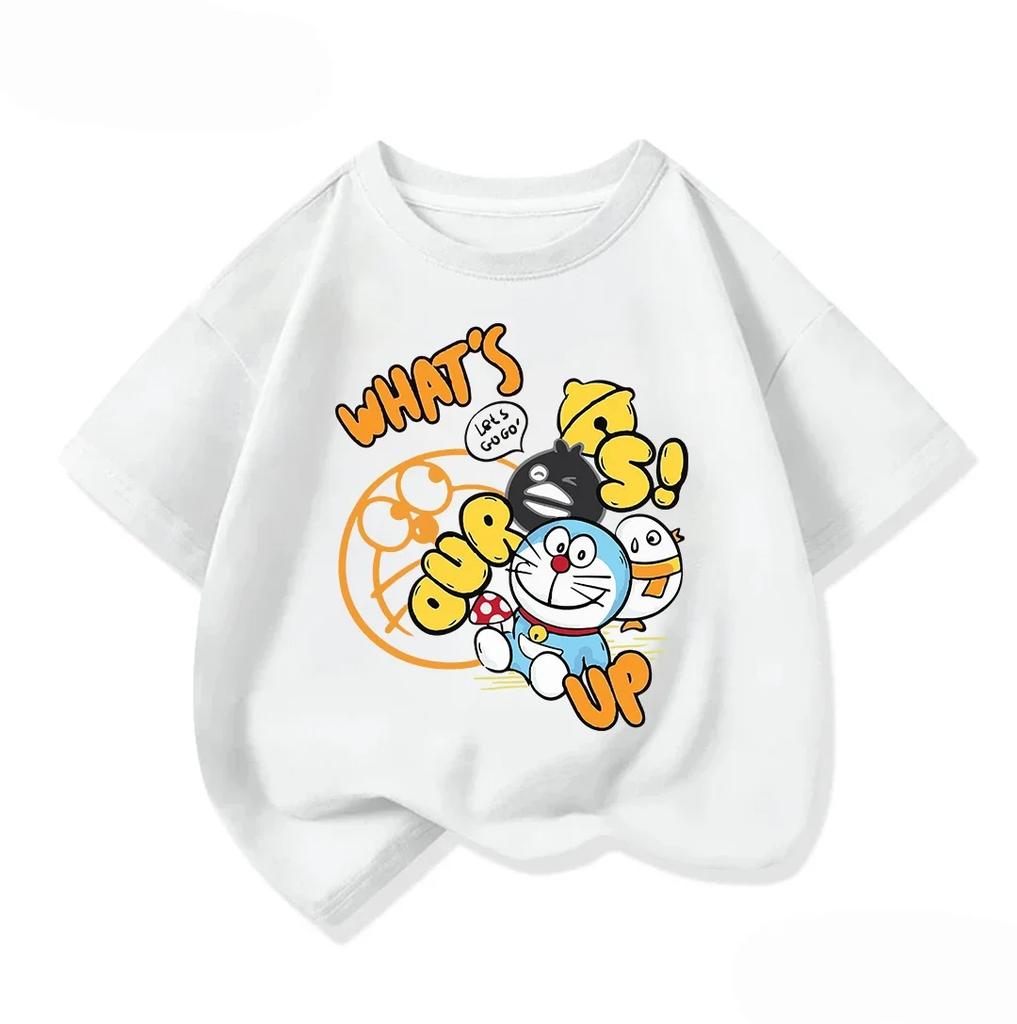 Summer Boys Girls Short Sleeve Tee Kawaii Cartoon Print Cute Street Fashion Wear Doraemon Kids Outfit 314Y