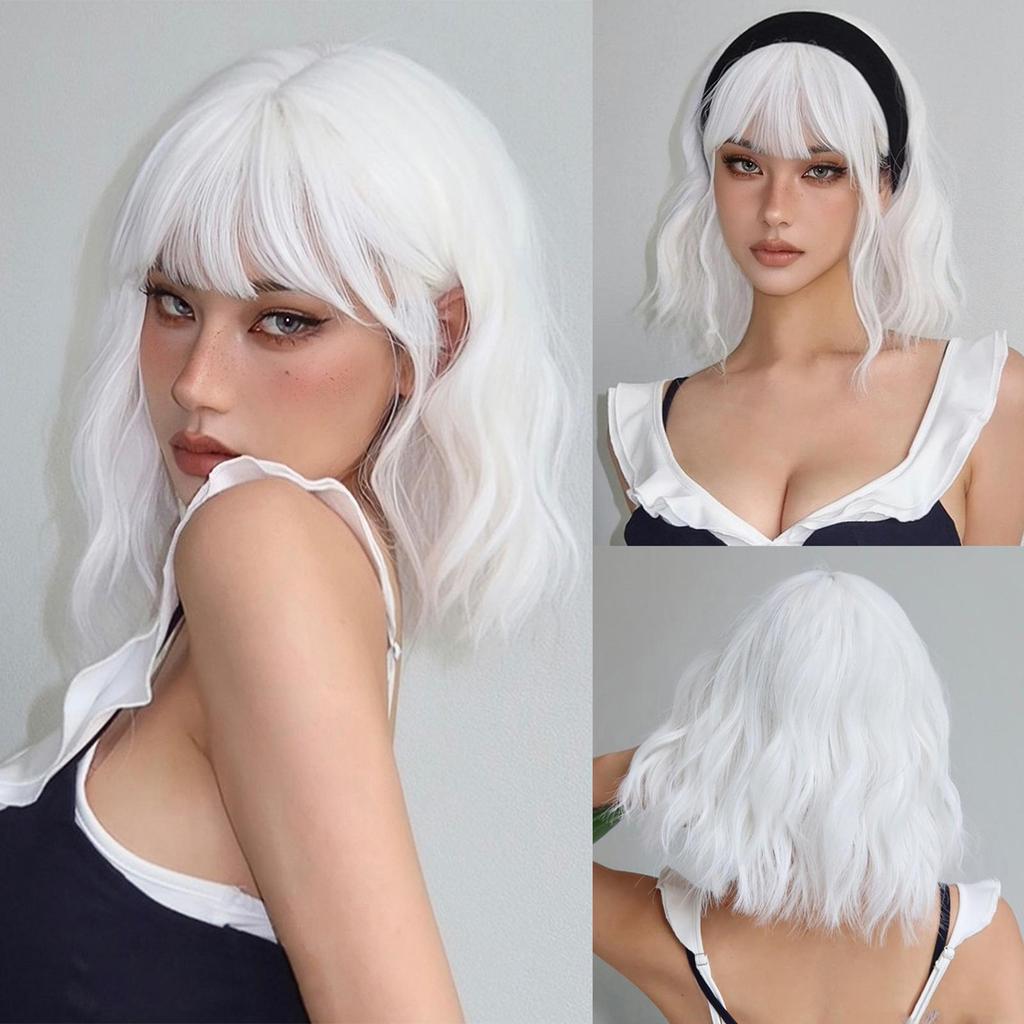 EASIHAIR Light Brown To Platinum Ombre Synthetic Wigs for Women Short Wavy Cosplay Lolita Natural Hair Wig with Bangs Heat Resistant