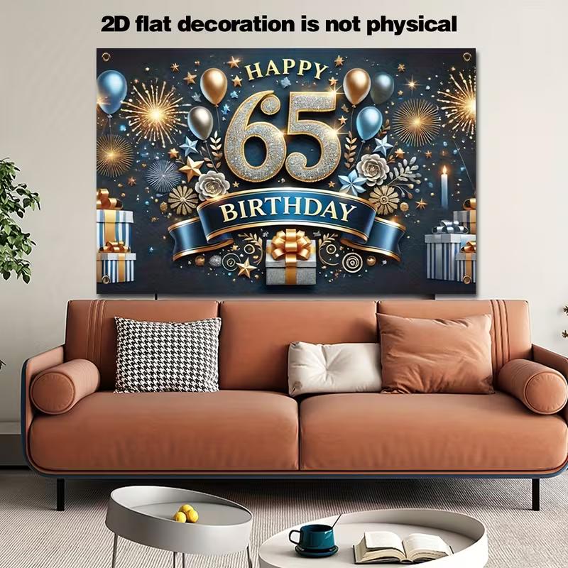 2D 65. Geburtstag Party Hintergrund, Blau Gold Ballon & Geschenkbox Hintergrund für Fotokabine & Dekoration