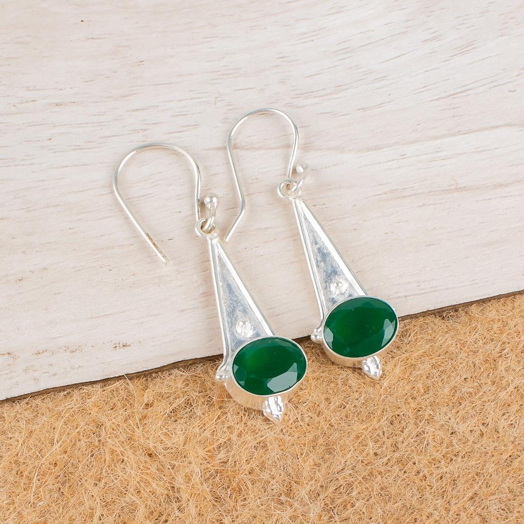 Green Onyx Gemstone 925 Sterling Silver Handcrafted Drop/Dangle Earrings 1.80" EE-50-13